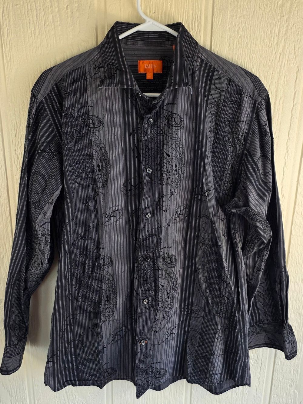 Tallia Black Striped Paisley Mens Dress Shirt, Size Large